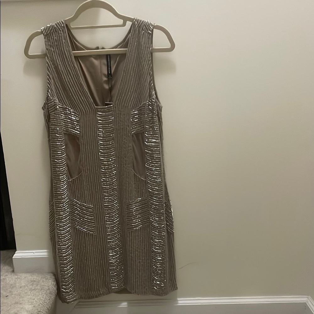 Elegant Sleeveless Dress in Shimmering Taupe
